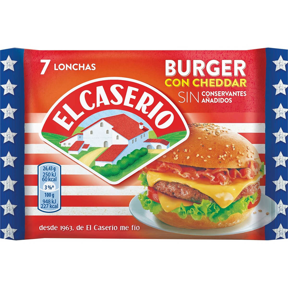 EL CASERIO CHEDDAR 7 LONCHAS 185G.